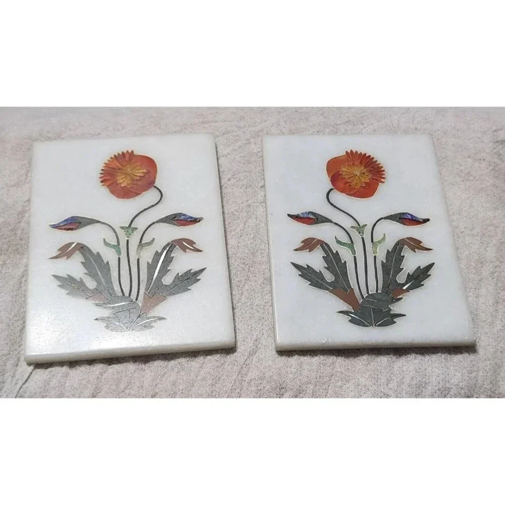 Stone‎ Floral Inlay Coasters Tiles Set of 2